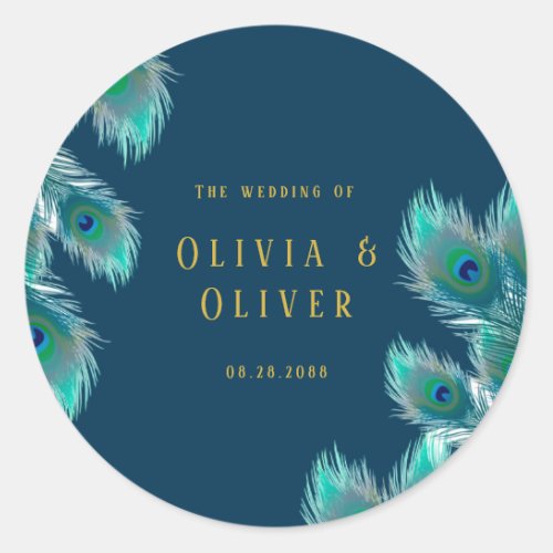 Elegant Peacock Feathers and Gold Wedding Classic Round Sticker