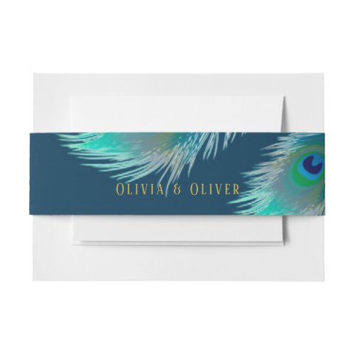 Elegant Peacock Feathers and Gold Wedding Invitation Belly Band