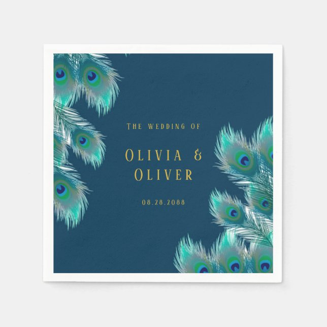 Elegant Peacock Feathers and Gold Wedding Napkins (Front)
