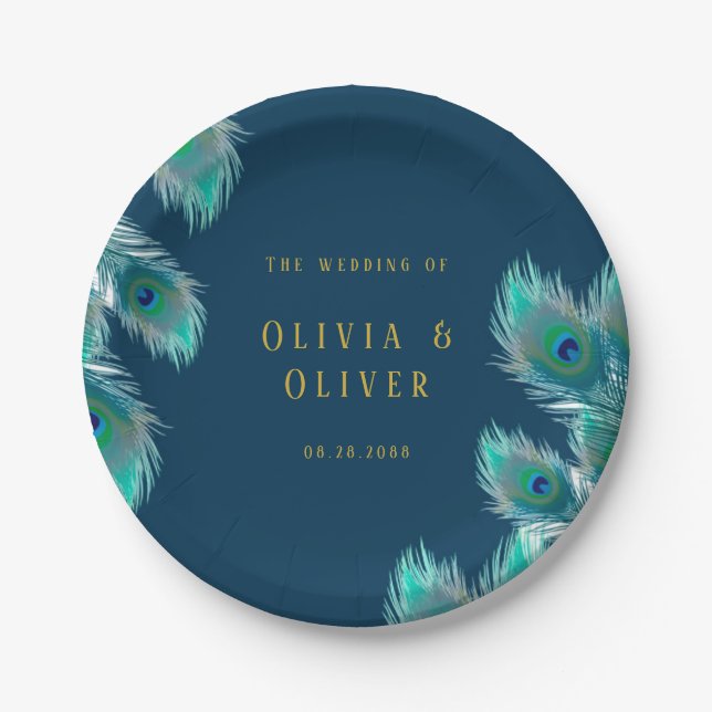 Elegant Peacock Feathers and Gold Wedding Paper Plates (Front)