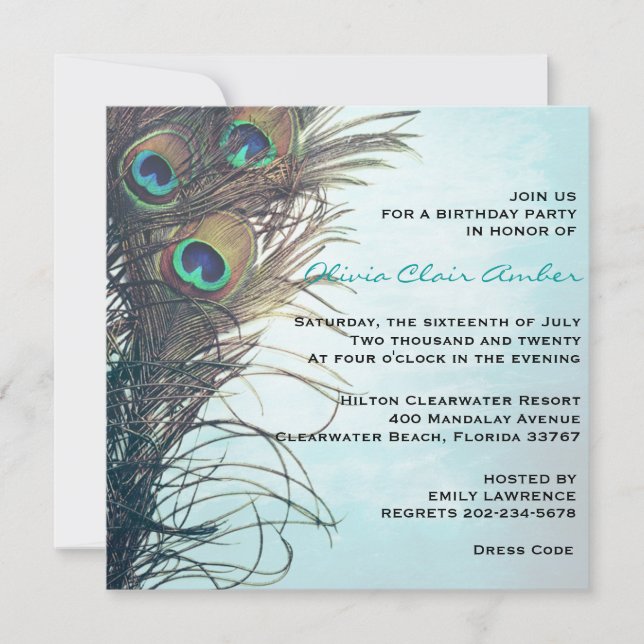 Elegant Peacock Feathers Birthday Party Invite (Front)