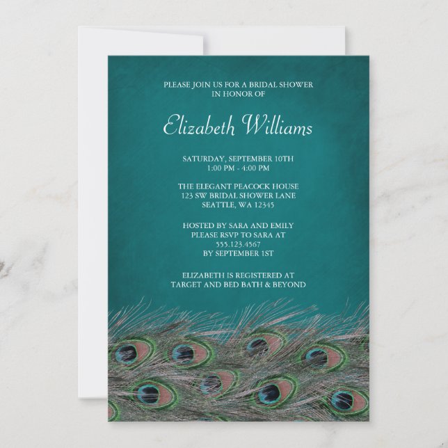 Elegant Peacock Feathers Bridal Shower Invitation (Front)