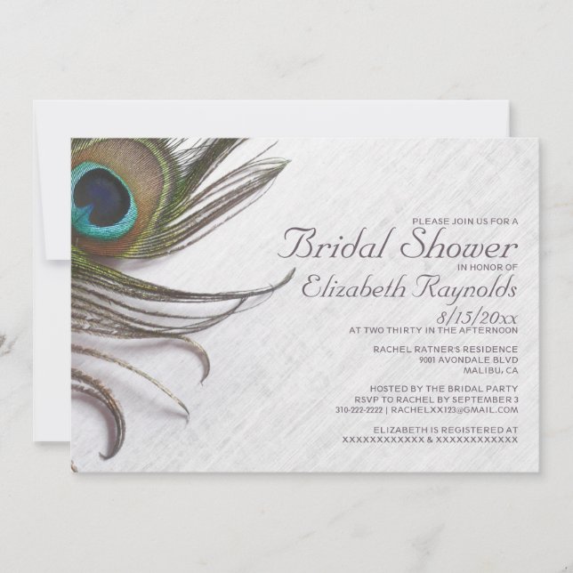 Elegant Peacock Feathers Bridal Shower Invitations (Front)