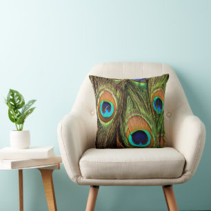Elegant Peacock Feathers Emerald Green Throw Pillow