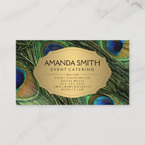 Elegant Peacock Feathers Faux Metallic Gold Business Card