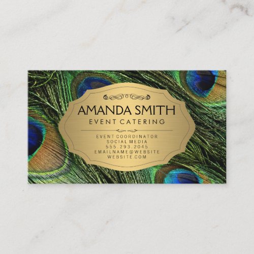 Elegant Peacock Feathers Faux Metallic Gold Business Card