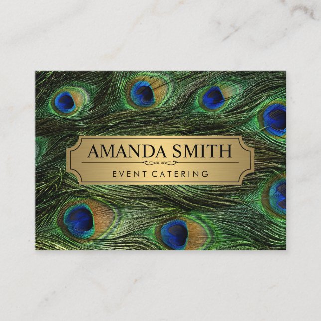 Elegant Peacock Feathers Faux Metallic Gold Business Card (Front)