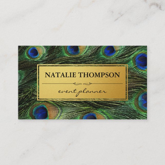 Elegant Peacock Feathers Faux Metallic Gold Business Card (Front)