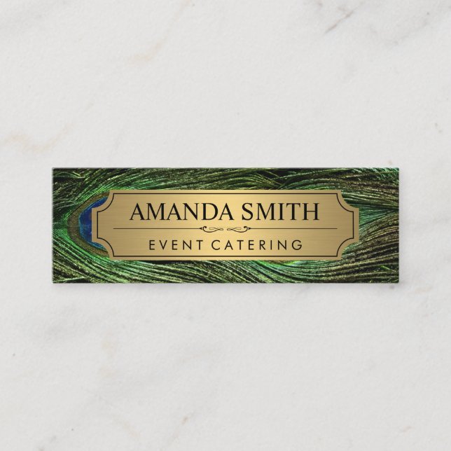 Elegant Peacock Feathers Faux Metallic Gold Mini Business Card (Front)