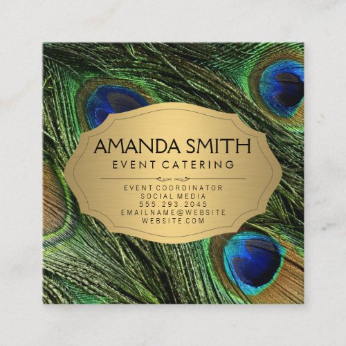 Elegant Peacock Feathers Faux Metallic Gold Square Business Card
