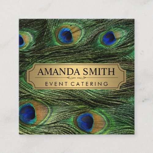 Elegant Peacock Feathers Faux Metallic Gold Square Business Card