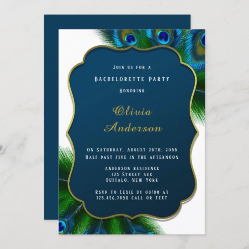 Elegant Peacock Feathers Gold Bachelorette Party Invitation