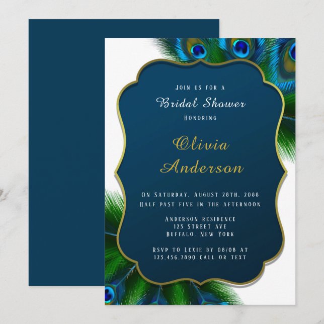 Elegant Peacock Feathers Gold Bridal Shower Invitation (Front/Back)