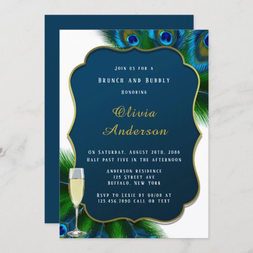 Elegant Peacock Feathers Gold Brunch  Bubbly Invitation