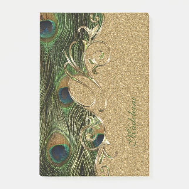 Elegant Peacock Feathers Gold Ornament Monogram Post-it Notes (Front)