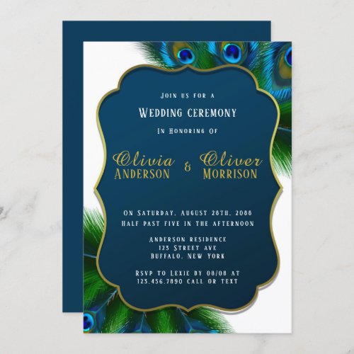 Elegant Peacock Feathers Gold Wedding Invitation