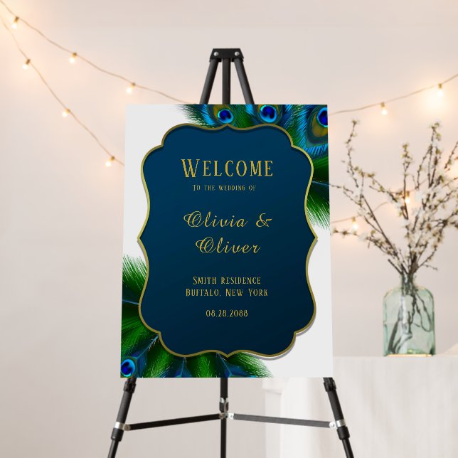 Elegant Peacock Feathers Gold Wedding Welcome Sign (In Situ (Stand))