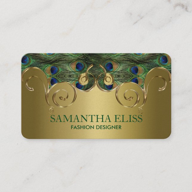 Elegant Peacock Feathers Golden Design Monogram Business Card (Front)