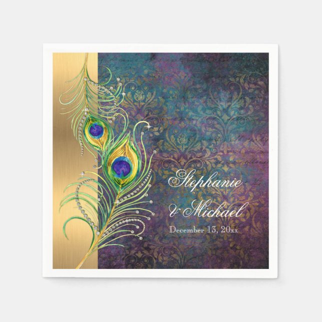 Elegant Peacock Feathers Jewel Scrolls Wedding Napkins (Front)