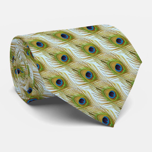 Elegant peacock feathers on light blue neck tie (Rolled)