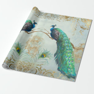 Elegant Peacock Feathers Pair Blue Gold Decoupage Wrapping Paper