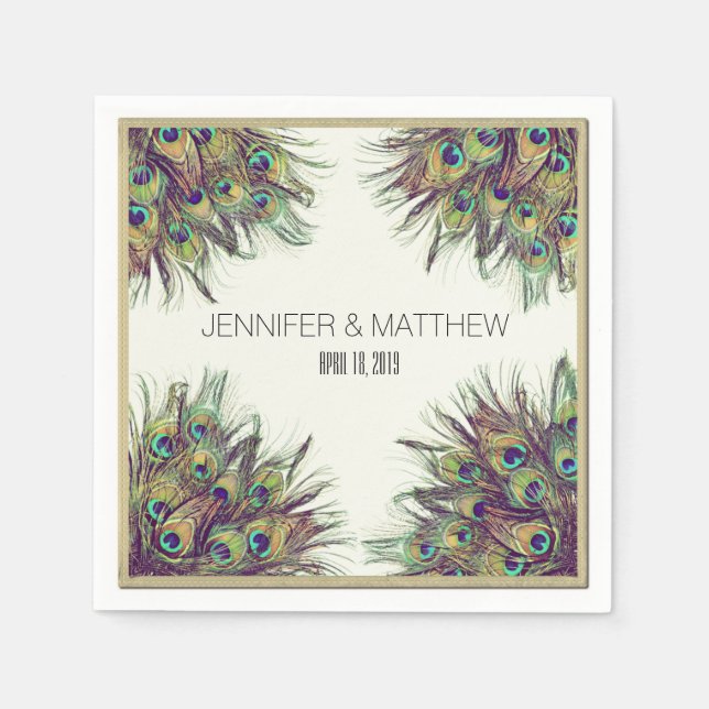 Elegant Peacock Feathers Personalized Wedding Paper Napkins (Front)
