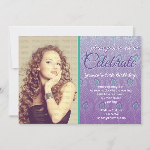 Elegant Peacock Feathers Photo Birthday Party Invitation