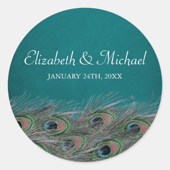 Elegant Peacock Feathers Round Wedding Favor Label (Front)