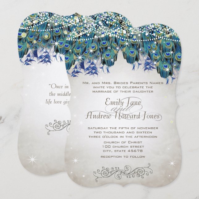 Elegant Peacock Feathers Teal Blue Green Turquoise Invitation (Front/Back)
