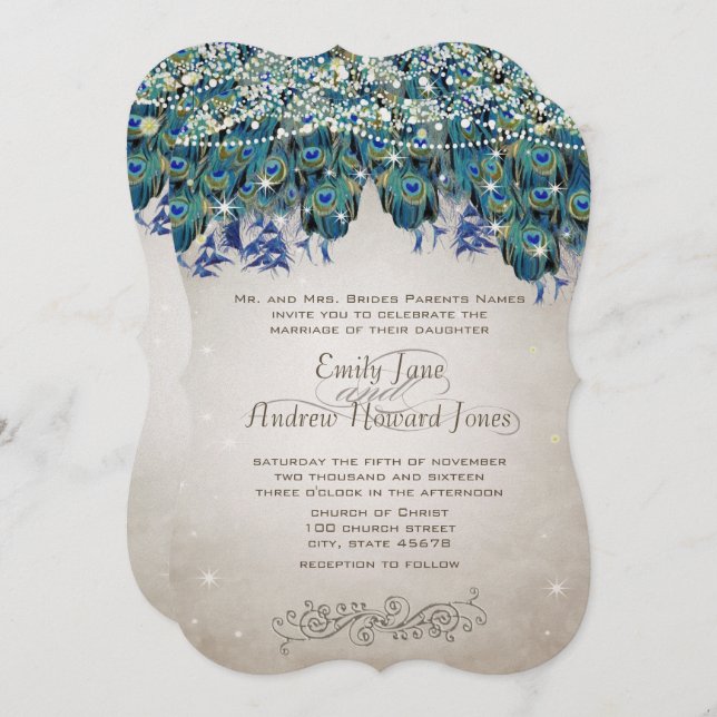 Elegant Peacock Feathers Teal Blue Green Turquoise Invitation (Front/Back)