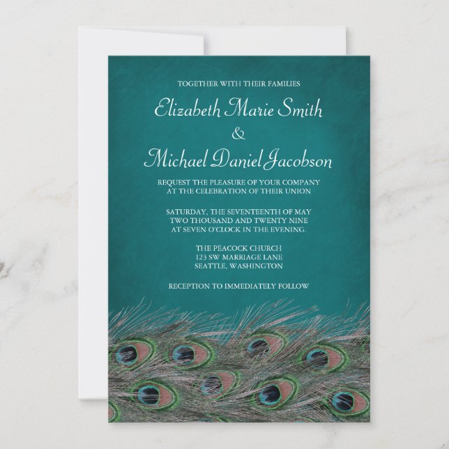 Elegant Peacock Feathers Wedding Invitation (Front)