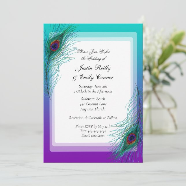 Elegant Peacock Feathers Wedding  Invitation (Standing Front)