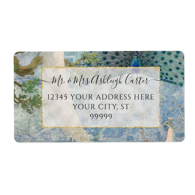 Elegant Peacock Feathers White Blue Gold Wedding Label (Front)