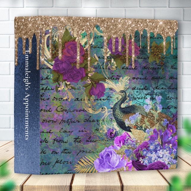 Elegant Peacock Floral Abstract Gold Drip 3 Ring Binder (Creator Uploaded)