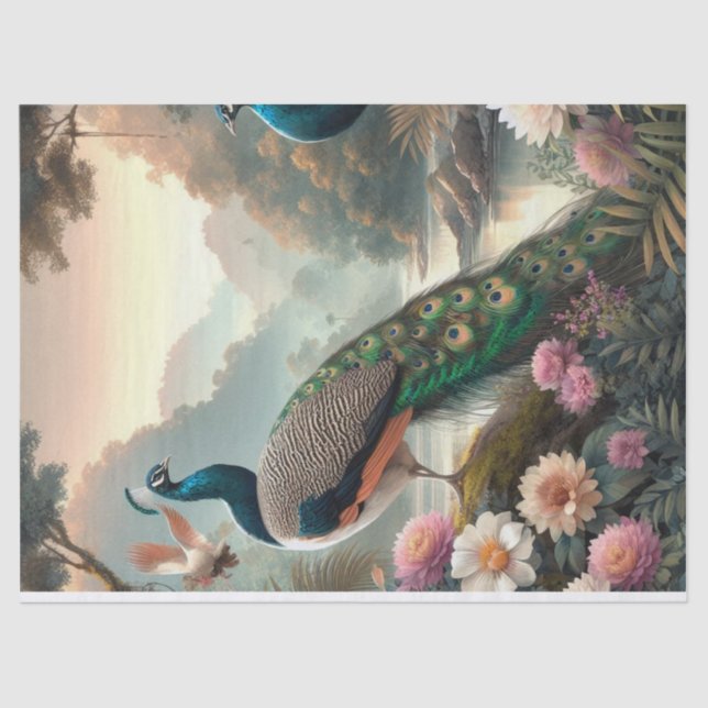 Elegant Peacock Floral Decoupage Tissue Paper (Front)