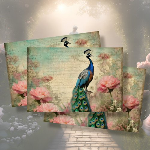 Elegant Peacock Floral French Ephemera Decoupage Tissue Paper