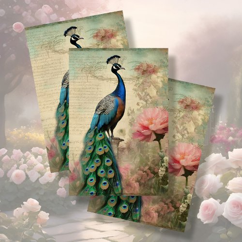 Elegant Peacock Floral French Ephemera Decoupage Tissue Paper