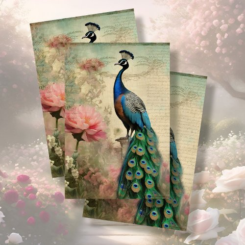 Elegant Peacock Floral French Ephemera Decoupage Tissue Paper