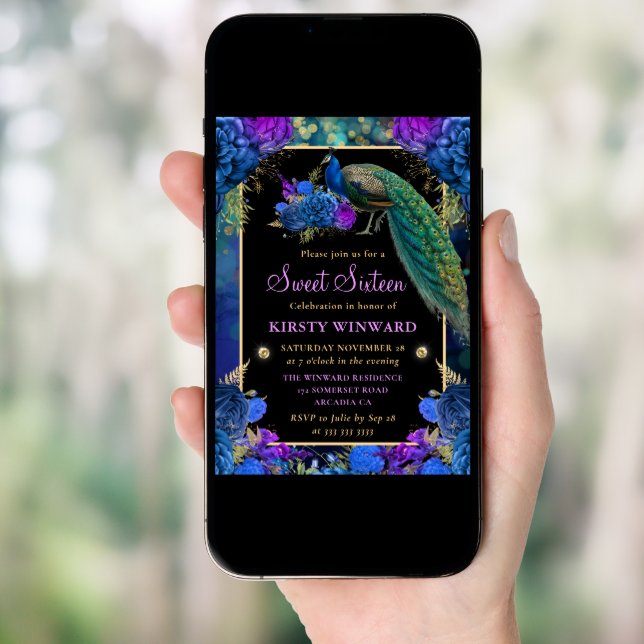 Elegant Peacock Floral Sweet Sixteen Invitation (Front Digital)