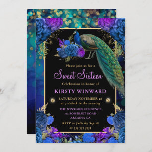Elegant Peacock Floral Sweet Sixteen Invitation
