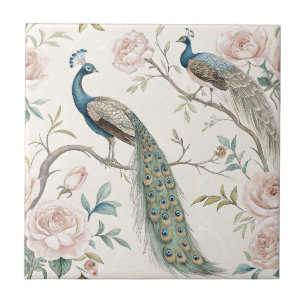Elegant Peacock Floral Vintage (10) Ceramic Tile