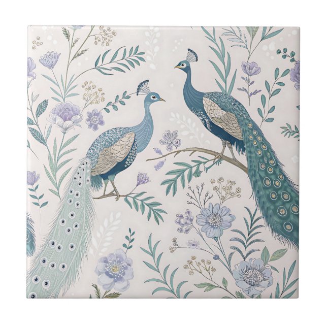 Elegant Peacock Floral Vintage (12) Ceramic Tile (Front)