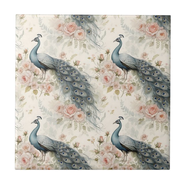 Elegant Peacock Floral Vintage (17) Ceramic Tile (Front)
