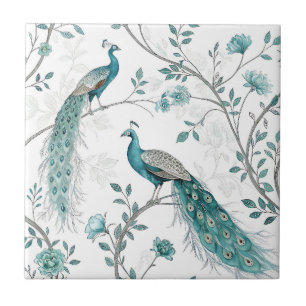 Elegant Peacock Floral Vintage (3) Ceramic Tile