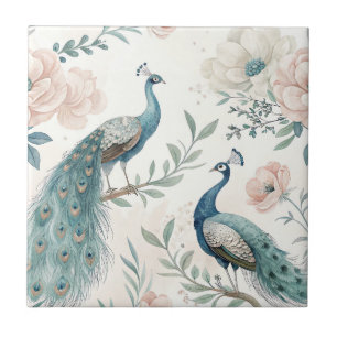 Elegant Peacock Floral Vintage (4) Ceramic Tile