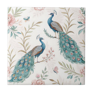 Elegant Peacock Floral Vintage (5) Ceramic Tile