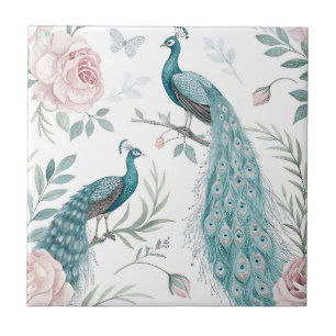 Elegant Peacock Floral Vintage (6) Ceramic Tile