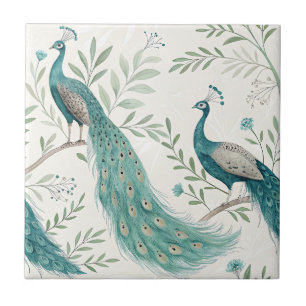 Elegant Peacock Floral Vintage (7) Ceramic Tile