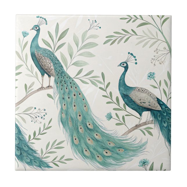 Elegant Peacock Floral Vintage (7) Ceramic Tile (Front)