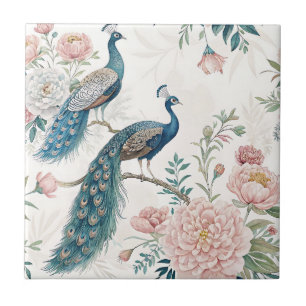 Elegant Peacock Floral Vintage (8) Ceramic Tile
